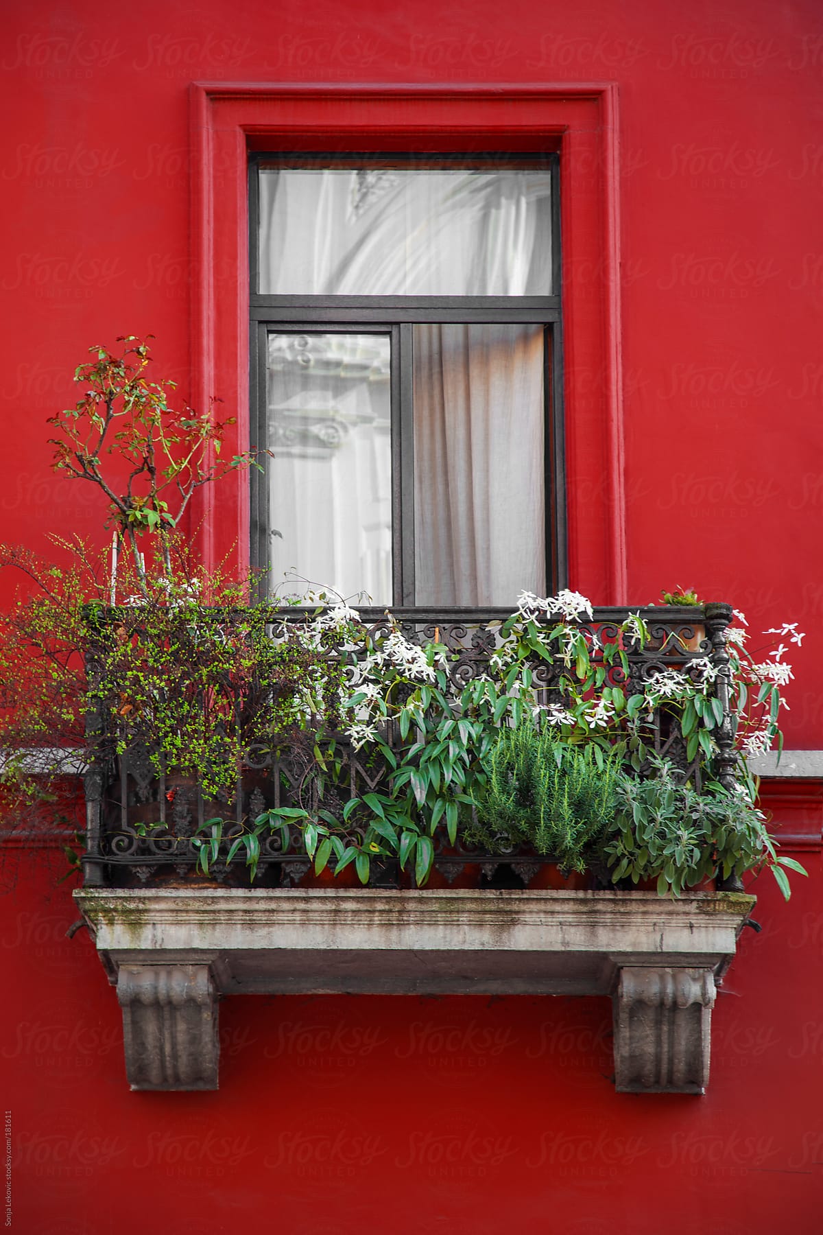 red balcony with green flowers