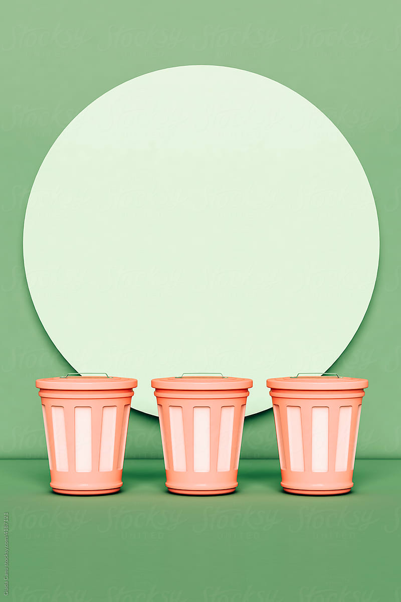 three 3D pink trash bins with circular copy space.