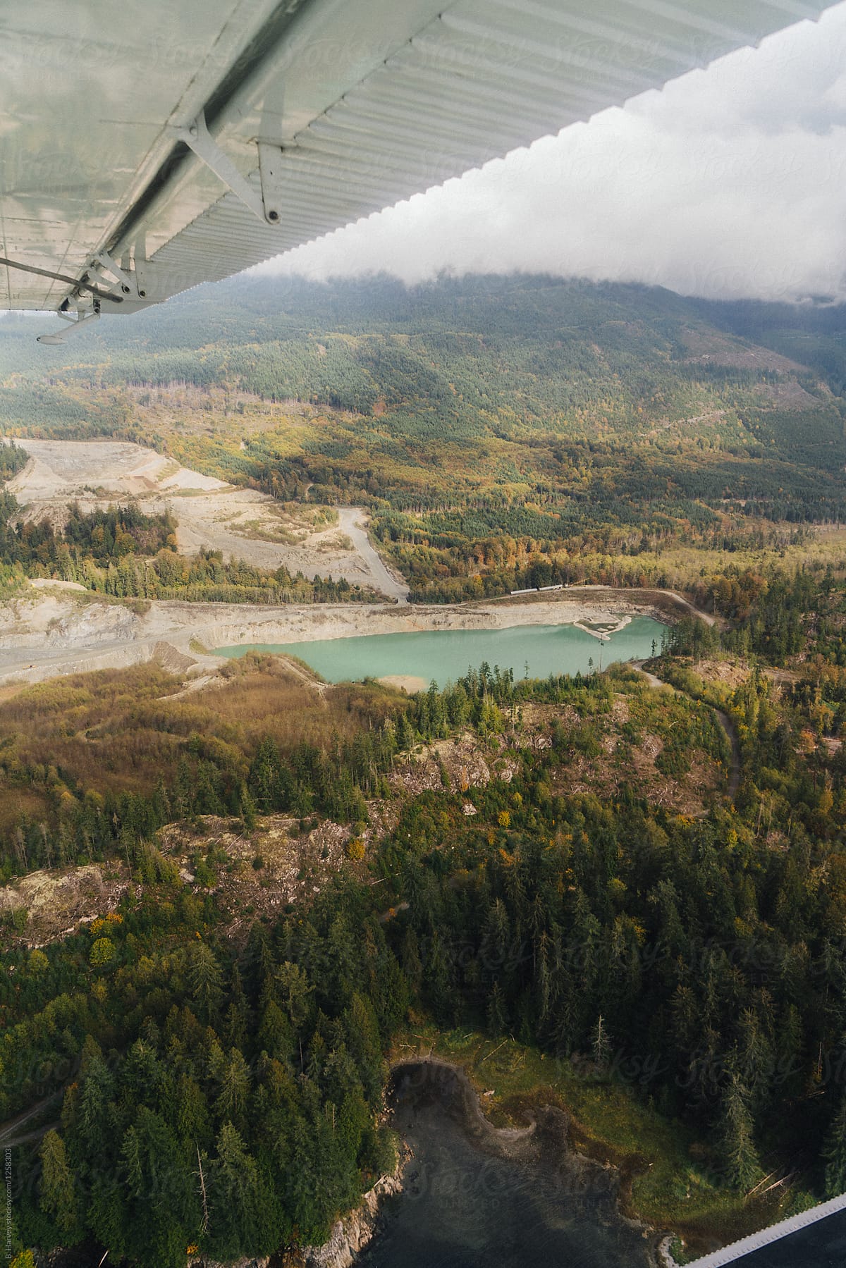 Aerial View of Private Blue Lake From Seaplane in British Columbia