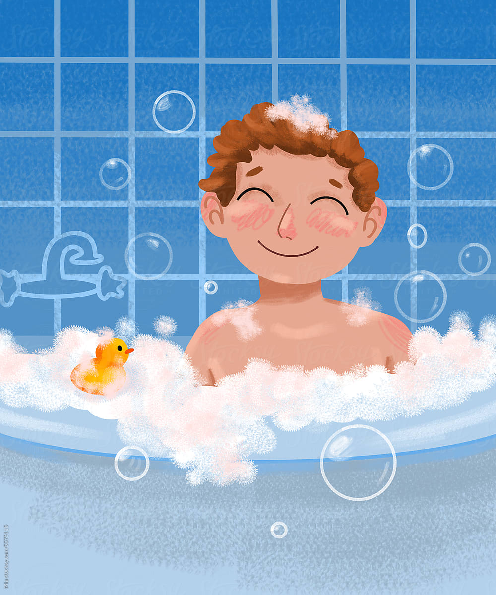 Illustration of Child\'s Playful Bubble Bath, Delightful Bath Time