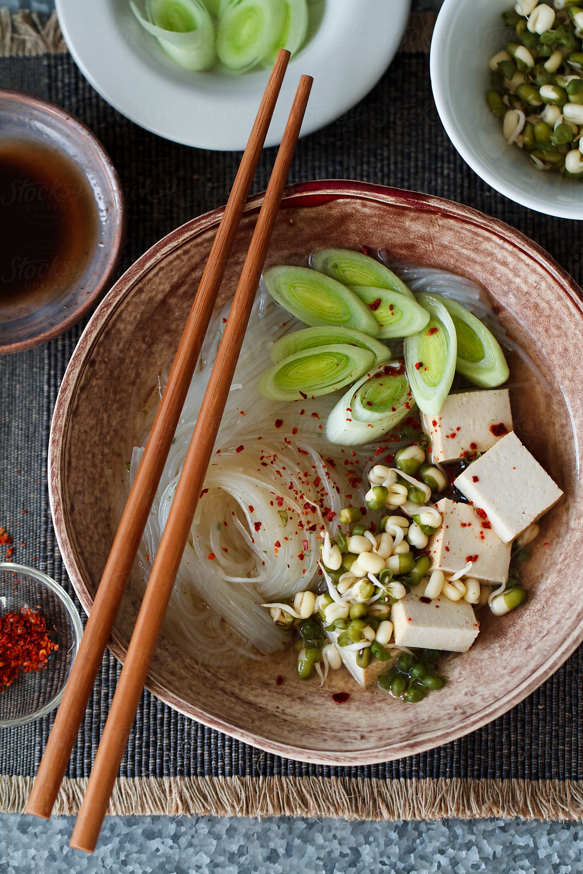 Asian noodle soup with smoked tofu and leeks