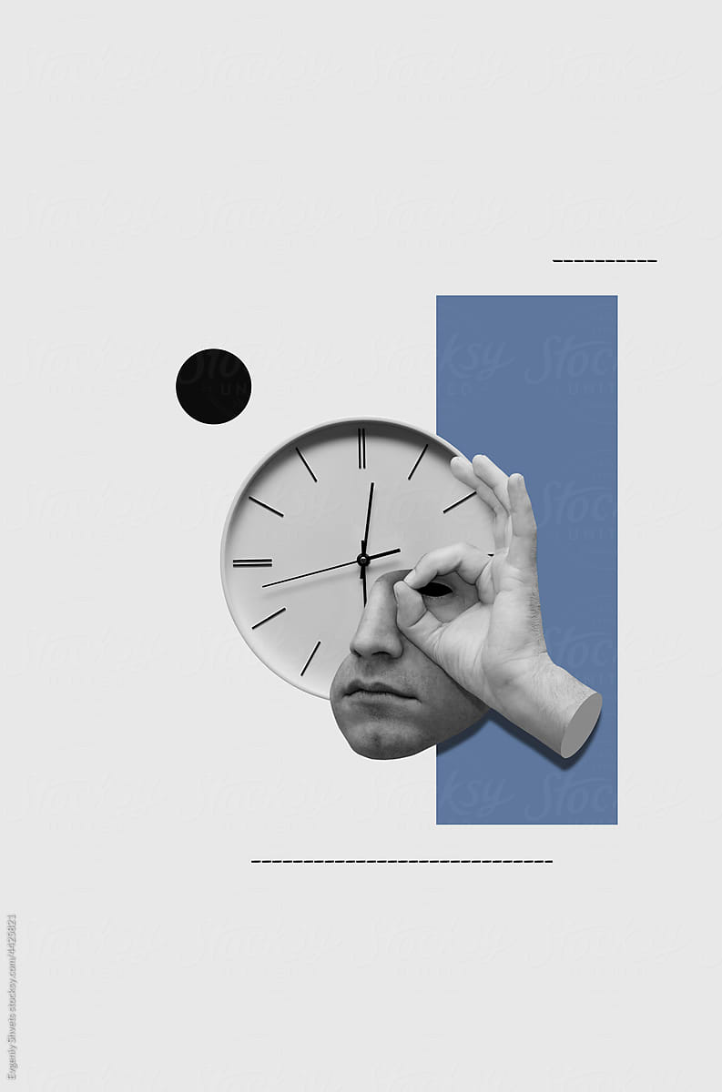 Collage with hand, part of male face and clock