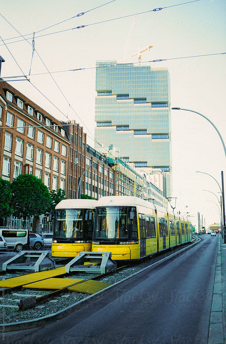 Yellow trams on street of Berlin