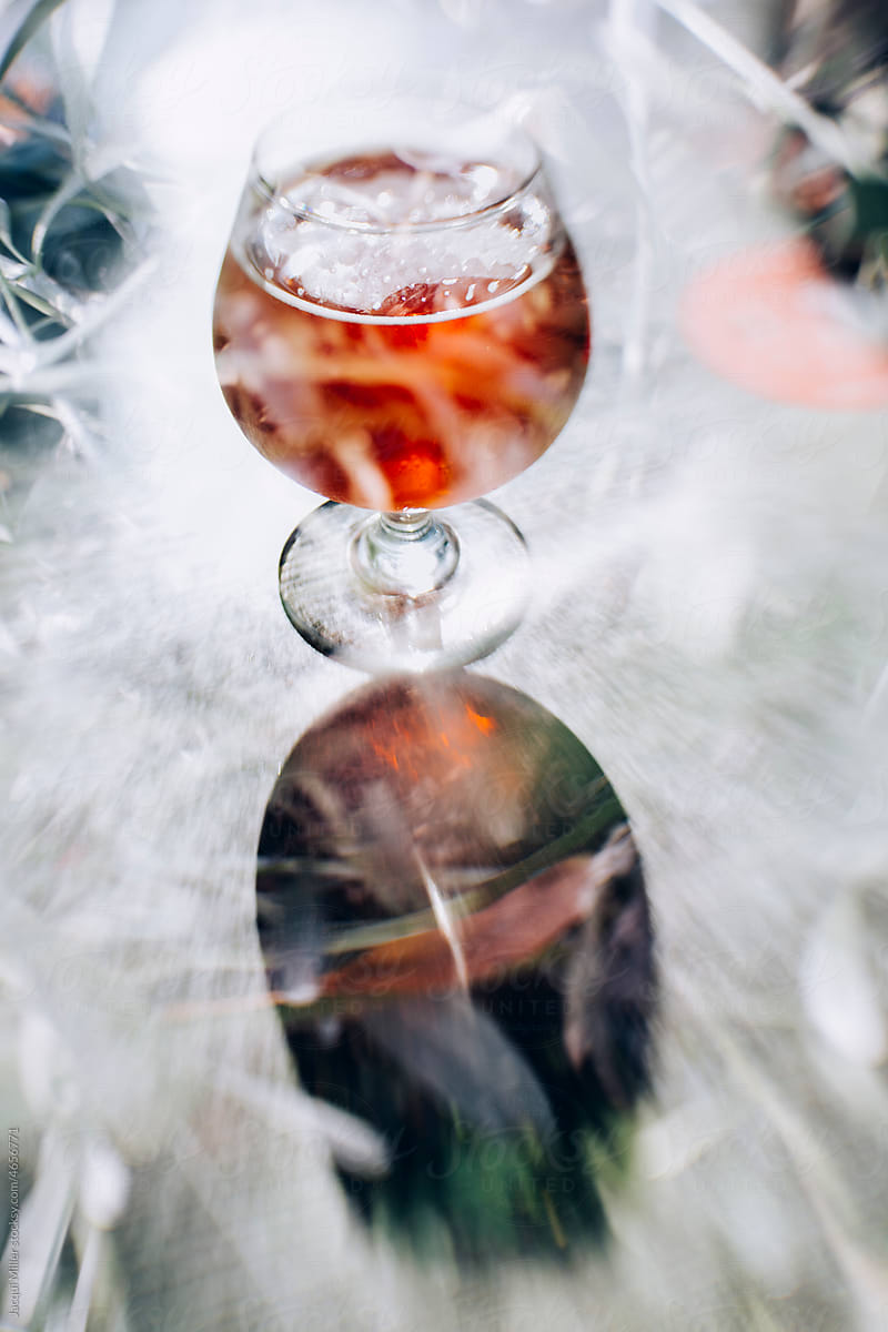 Creative double exposure of alcoholic drink with plants