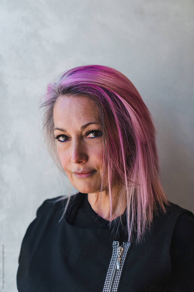 Adult Woman Portrait with Pink Hairstyle