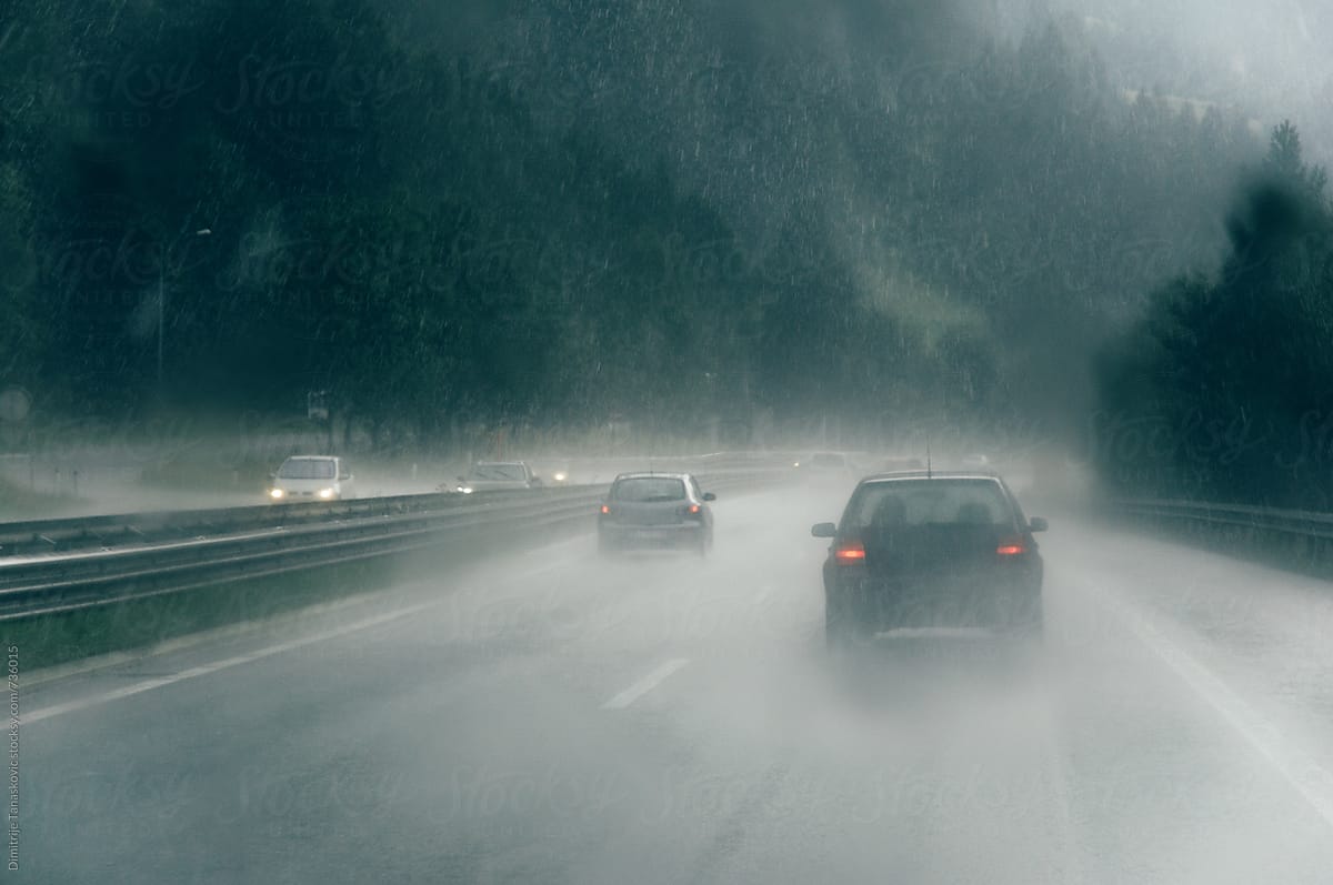 Heavy rain makes traffic jam on the highway