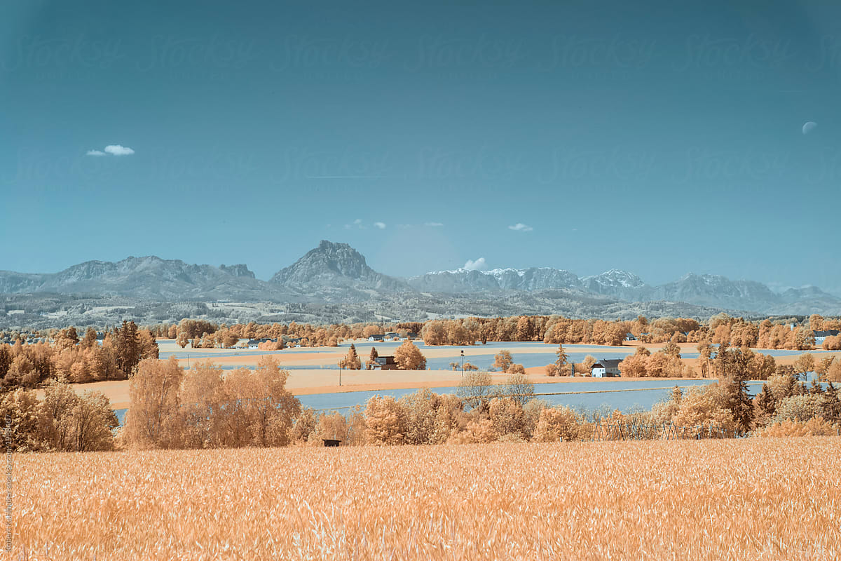 Rural landscape during spring in austria, shot in Infrared IR