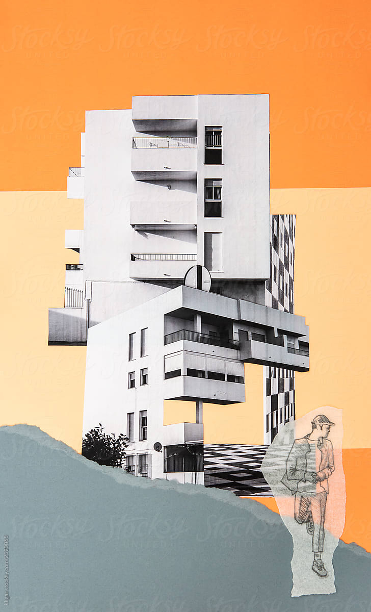 Brutalist architecture collage with drawn man