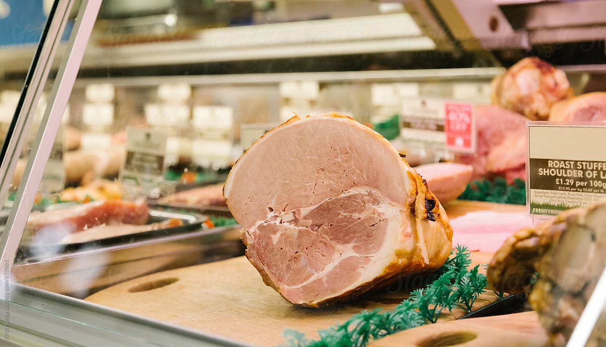 Ham in butcher display