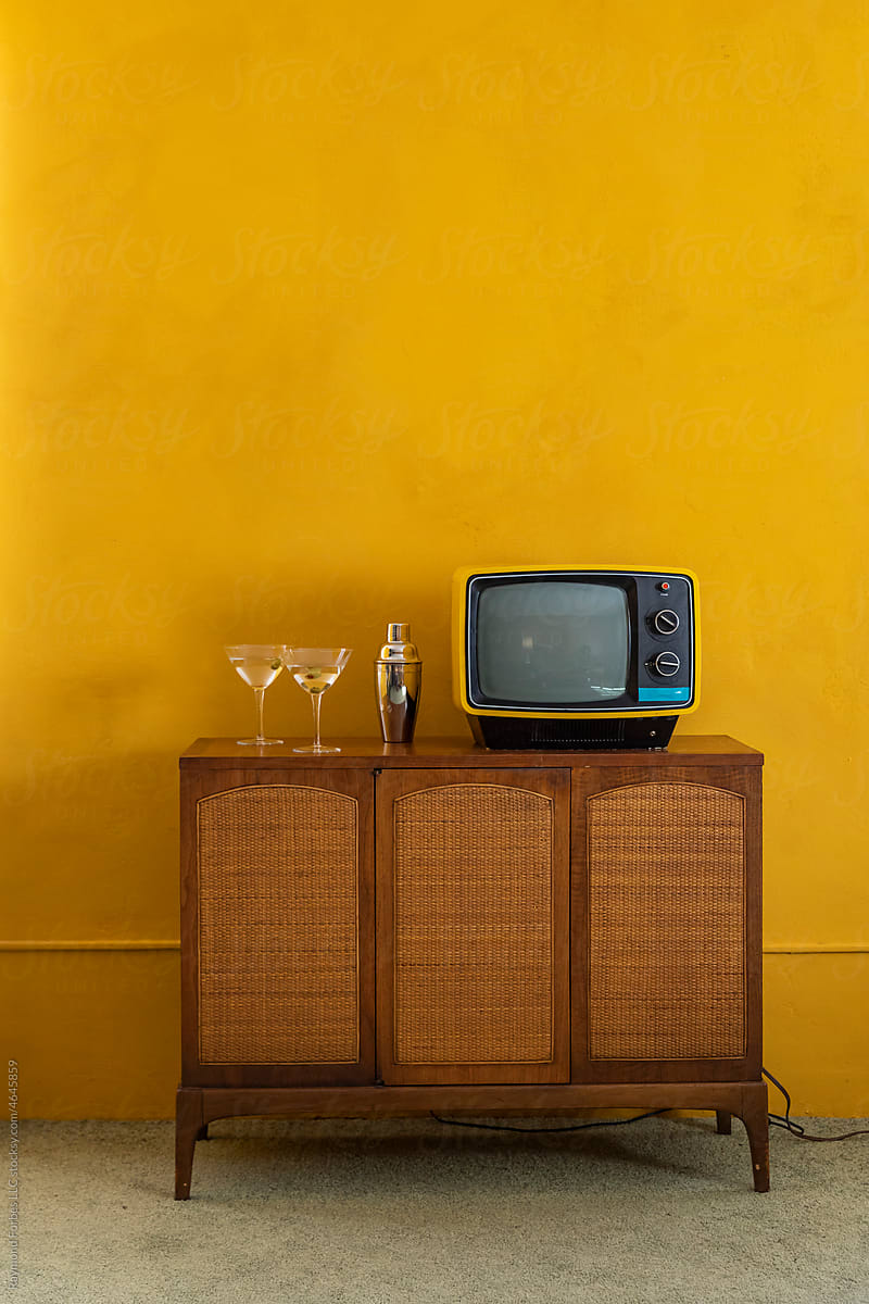 Vintage Fashion decor Seventies Television  with martini Cocktail