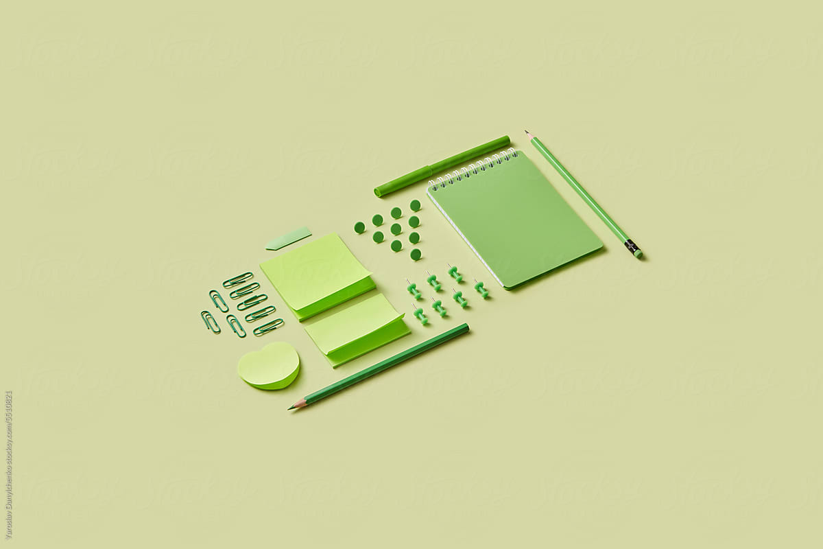 Various stationery in green tones.