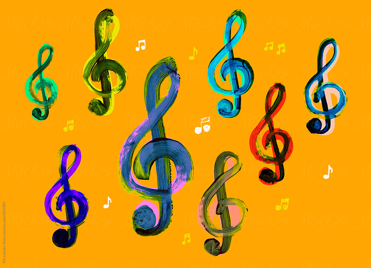 Large treble clefs and small music notes