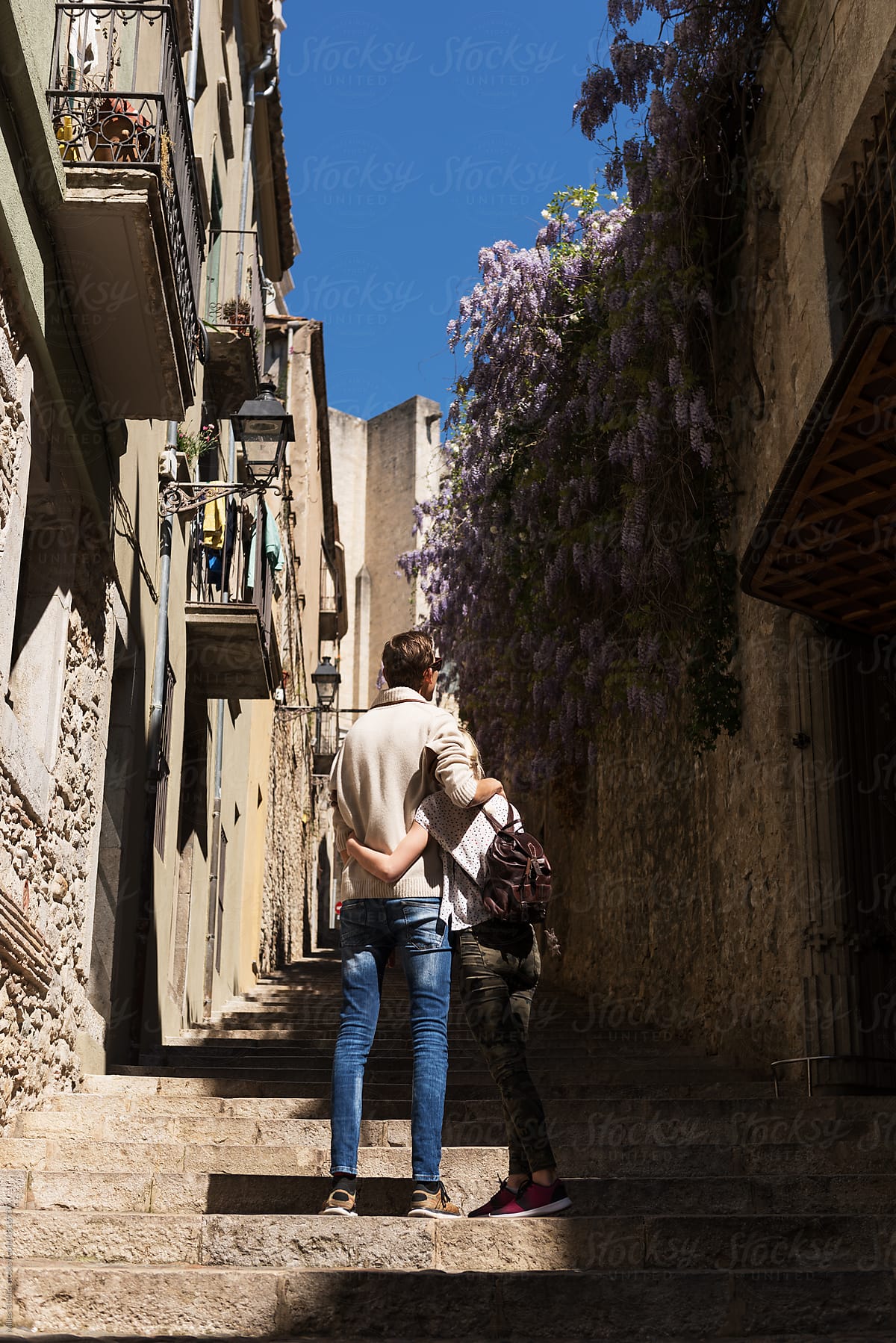 Romantic couple in street of old city