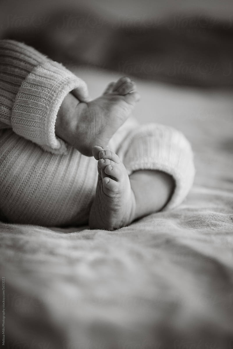 monochrome image of Tiny toes of newborn baby