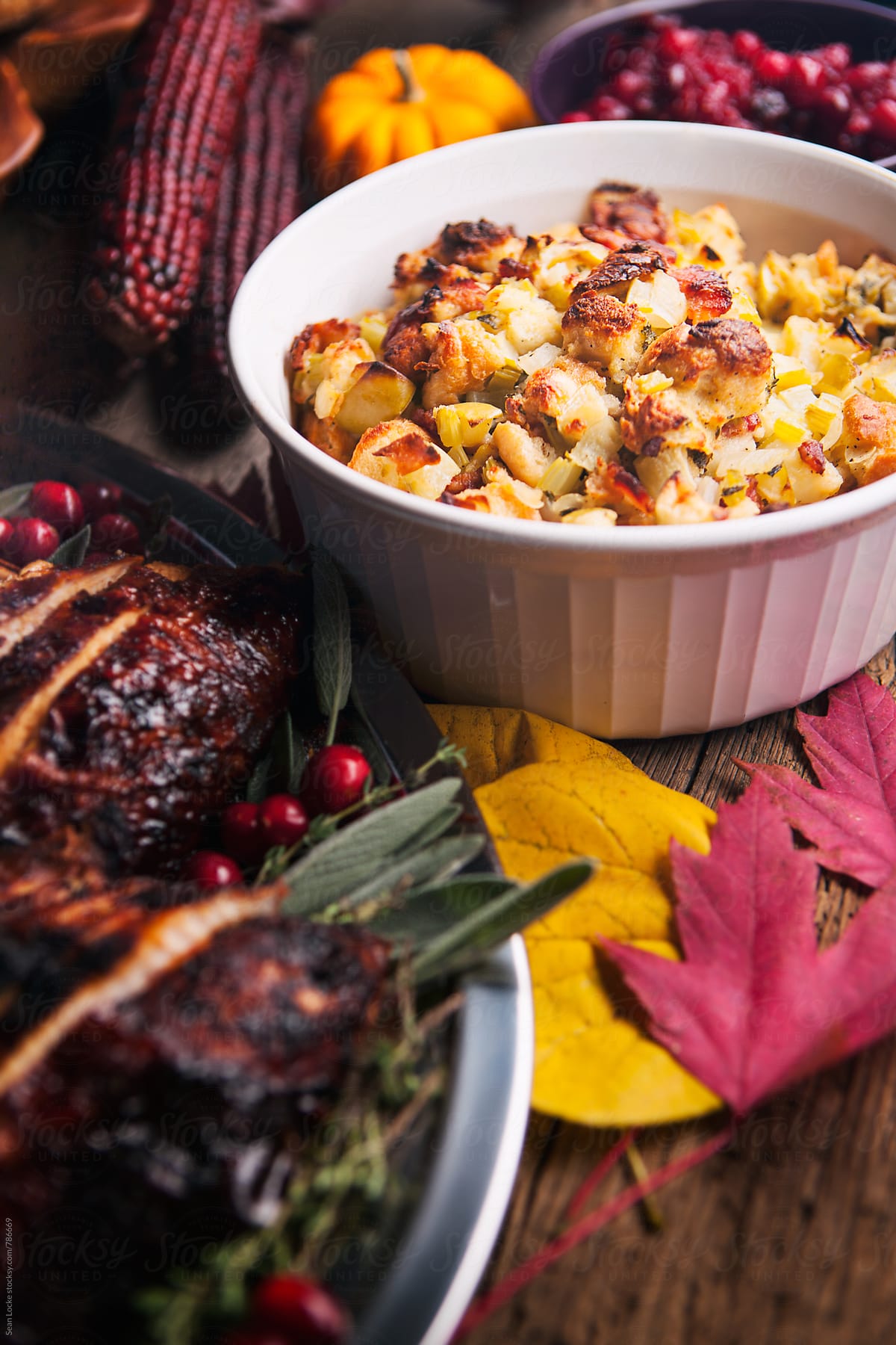 Thanksgiving: Focus On Apple Bacon Stuffing On Dinner Table