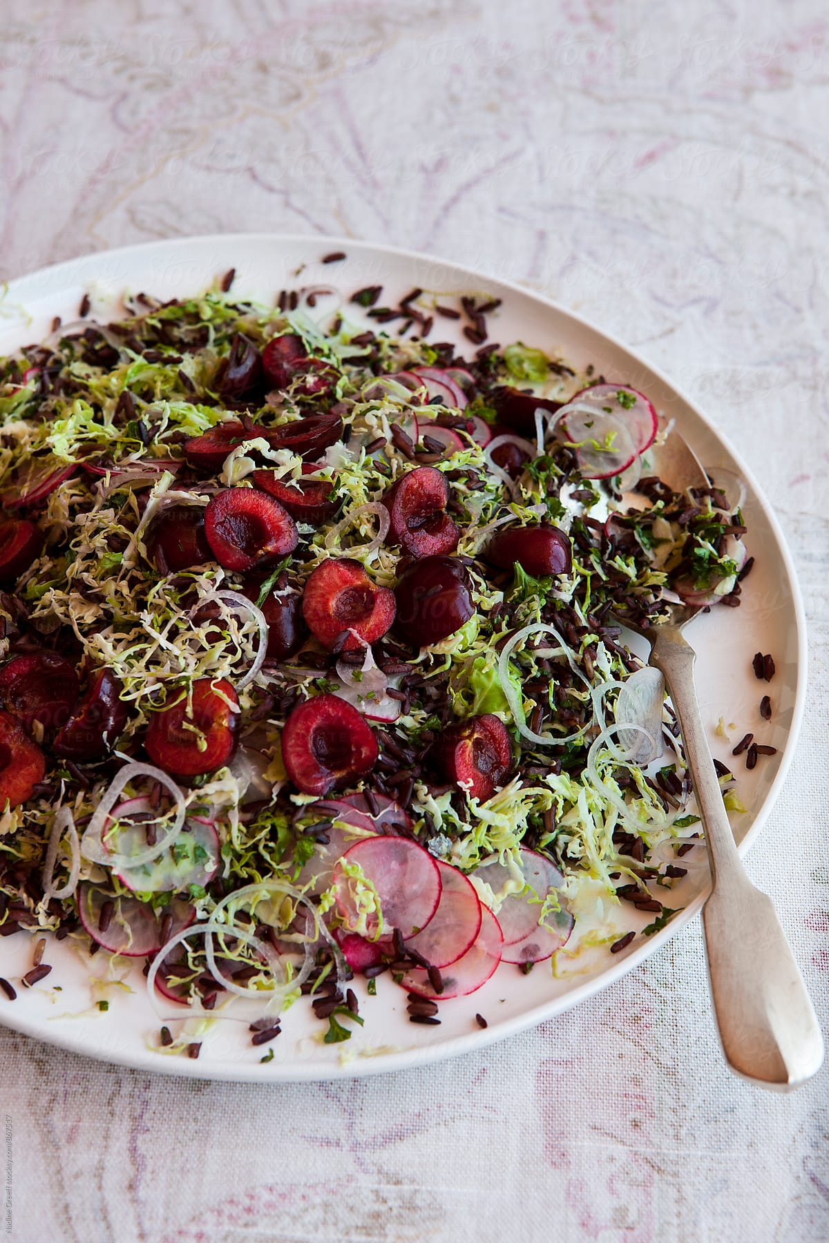 Plate of black rice salad with shaved brussel sprouts, cherries, red onion and radish