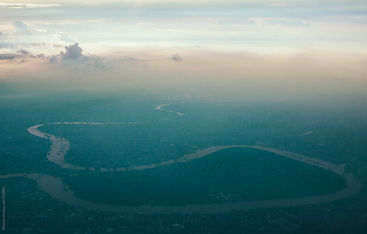 Aerial View of Bangkok and it\'s River at Sunset