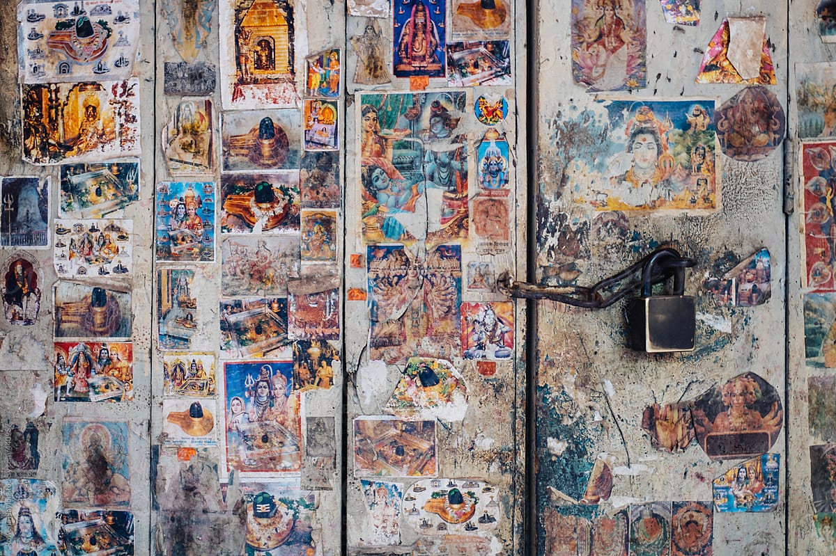 Decorated door with Hindu God stickers