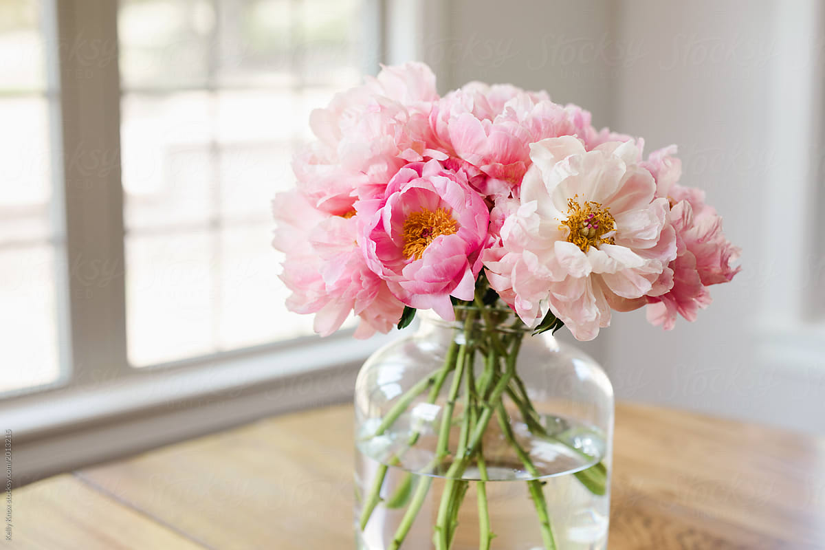 Bouquet Of Pink Peonies In A Glass Vase In A Light Filled Room By Stocksy Contributor Kelly 