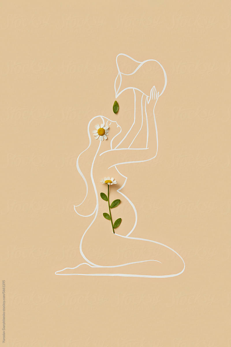 Linear art of pregnant woman with fresh daisies holding jug of water