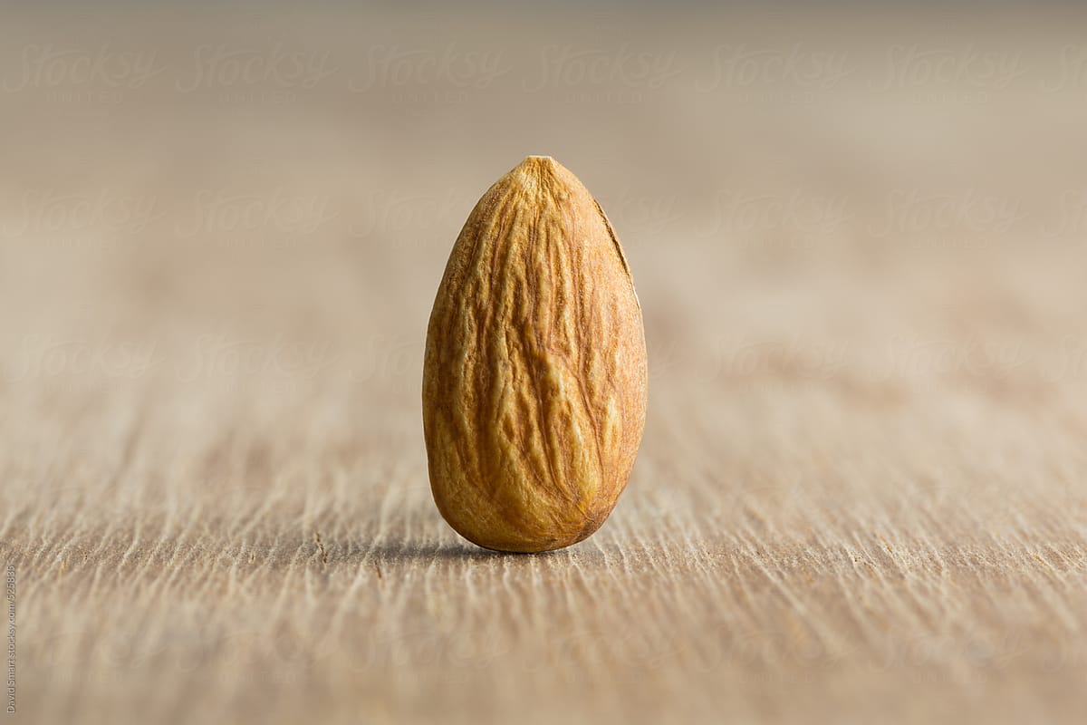 Single almond on a rough wooden surface