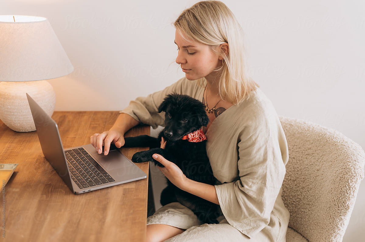 Young woman stroking dog and using laptop