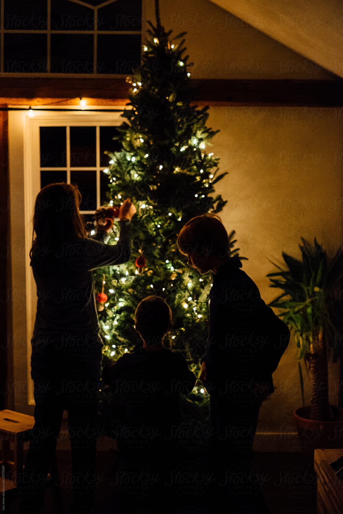 children putting ornaments in christmas tree