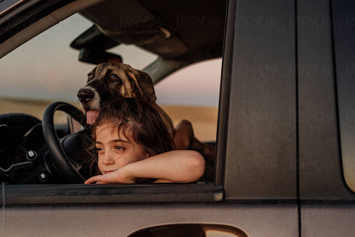 Little girl with her dog leaning out of the car window