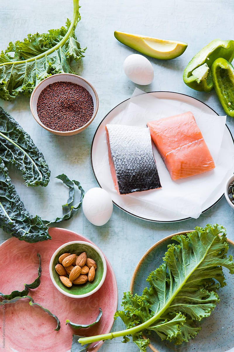 Healthy diet food fresh salmon, vegetables, nuts, eggs
