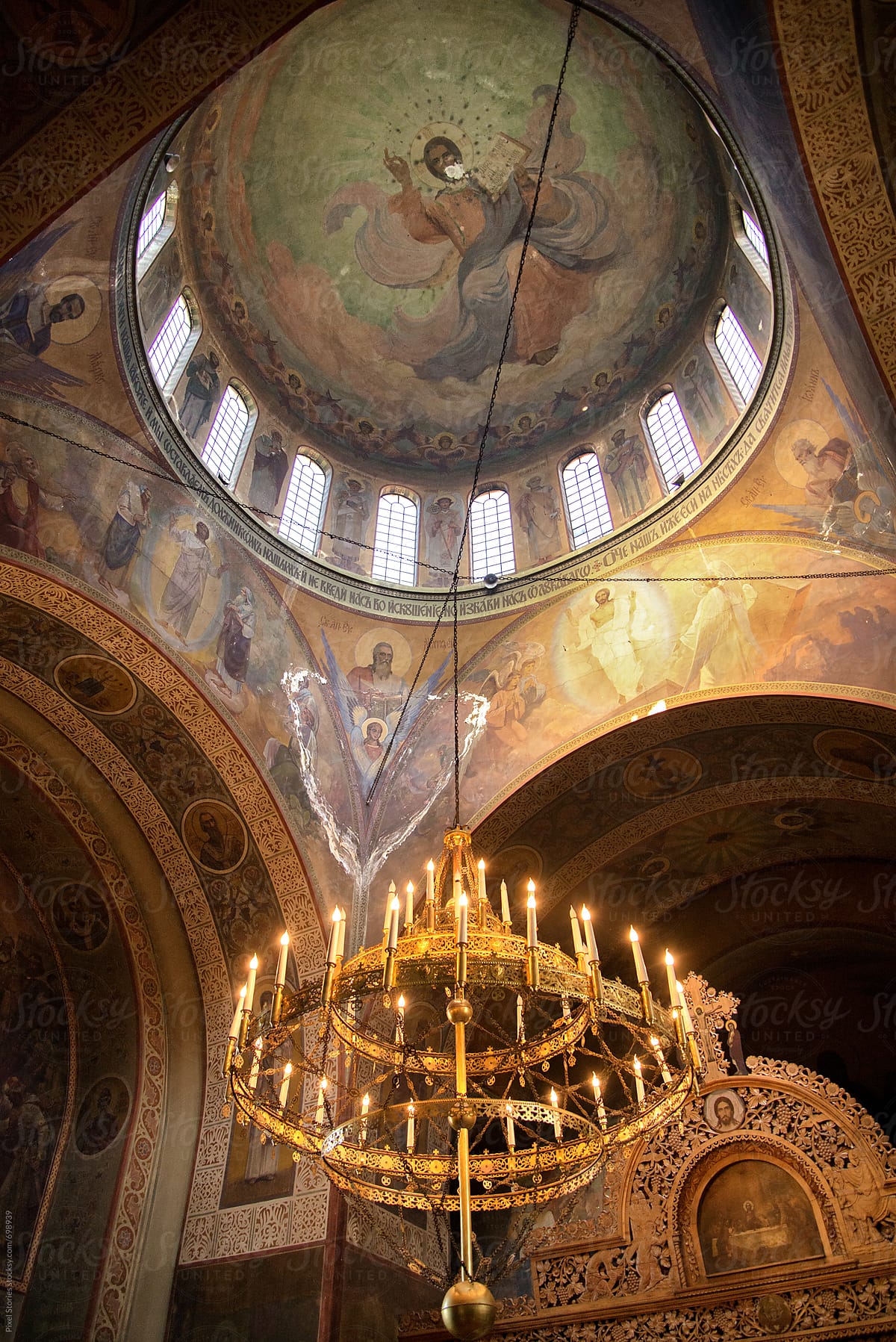 Old Orthodox church dome depicting an icon of Christ.