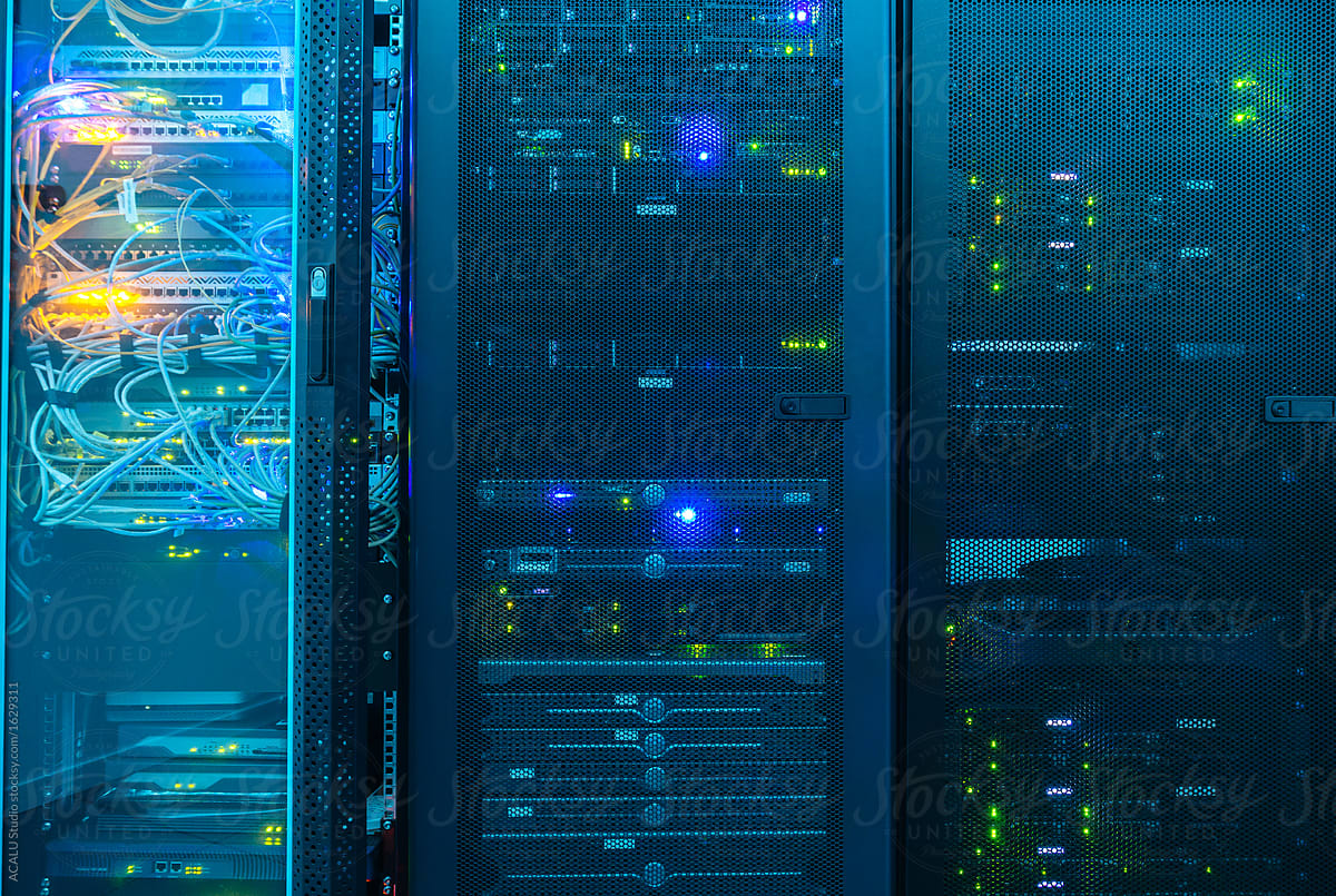 Close up servers in a server room with blue light