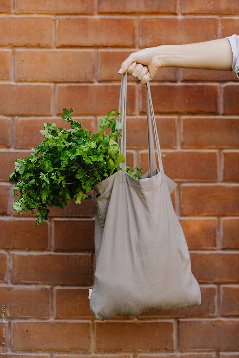 Anonymous woman showing shopping bag with green leaves