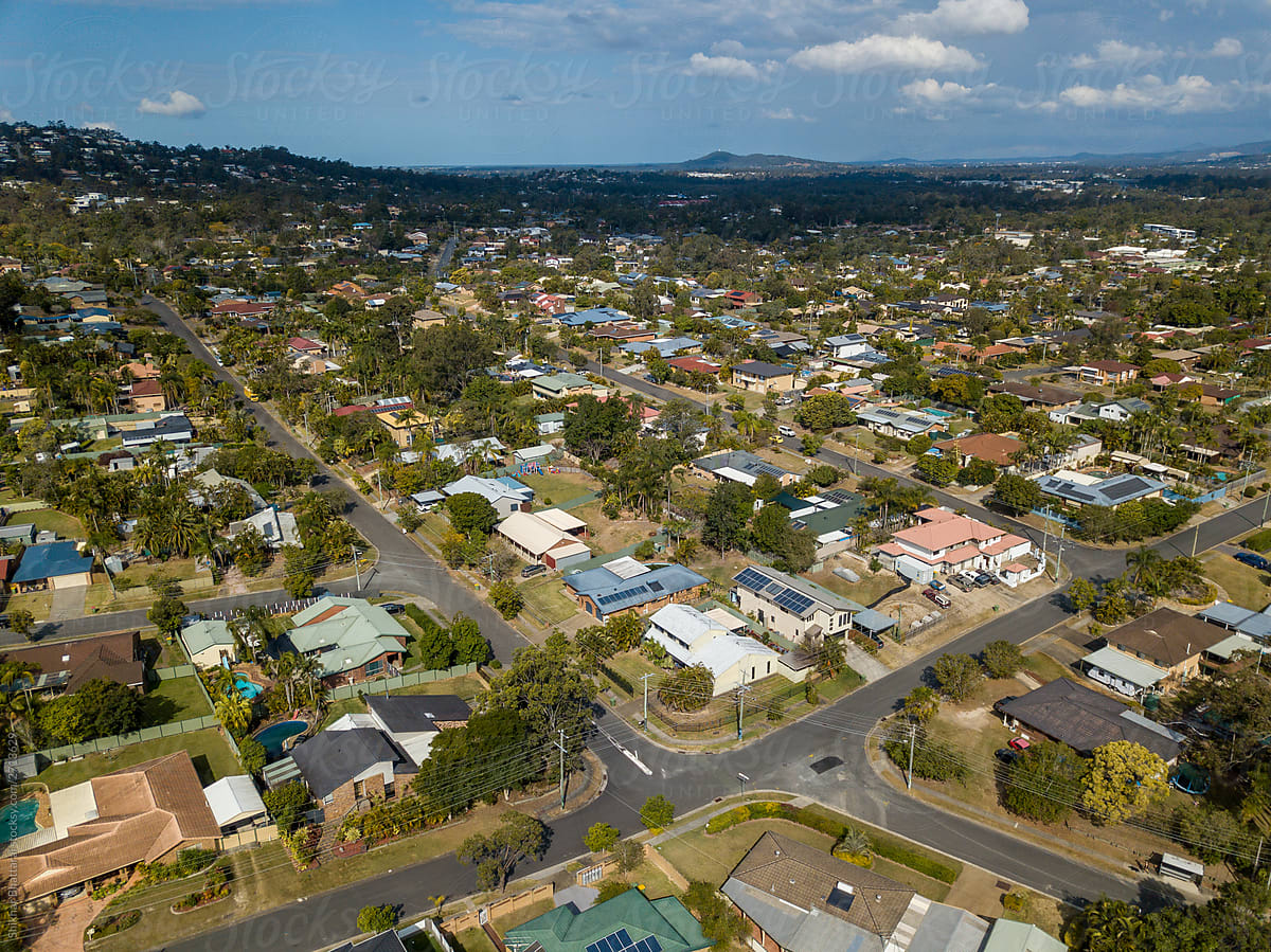 Aerial drone shot of Australian suburbs.