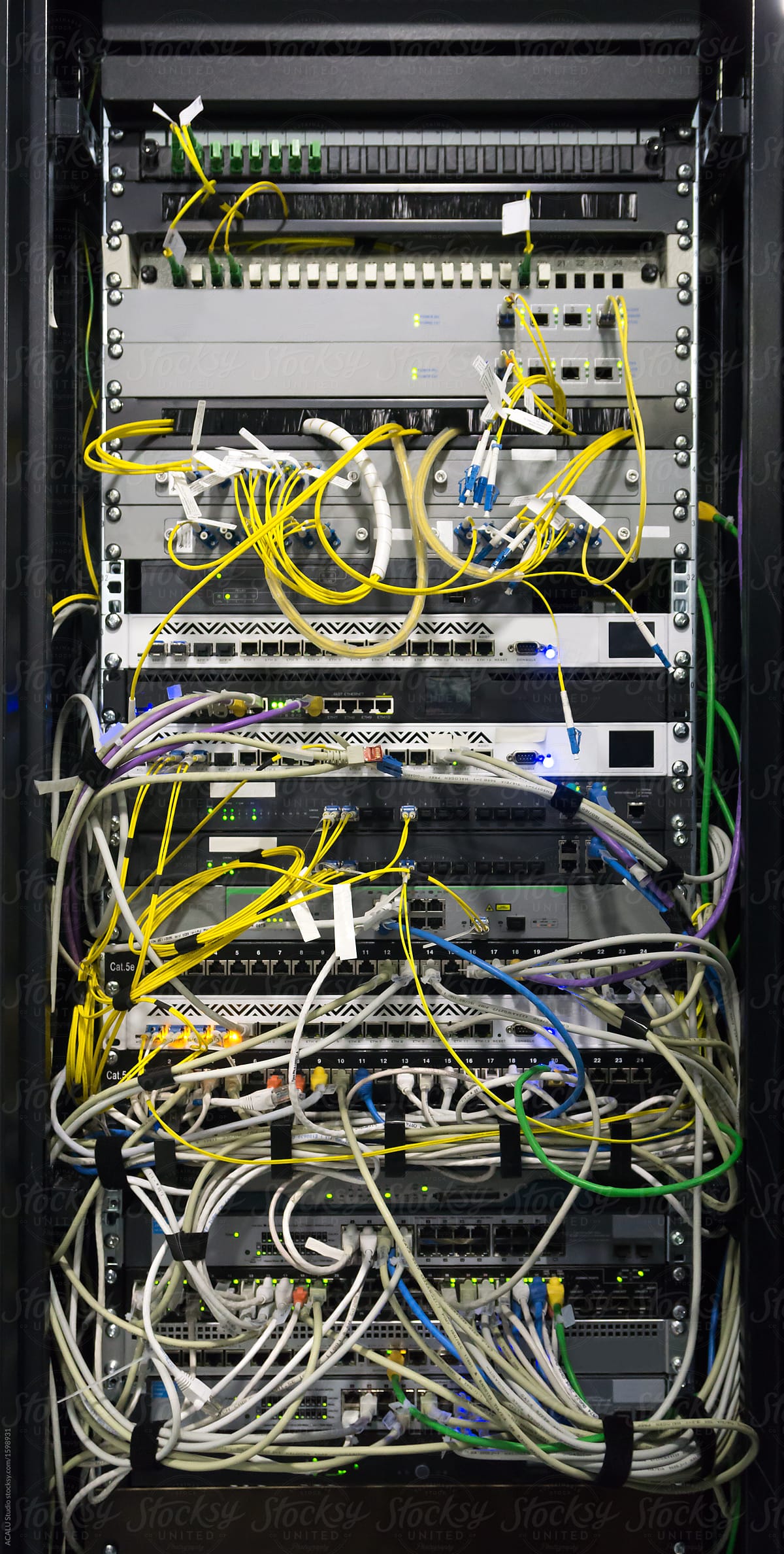 Detail of a communications rack, fiber, internet, network, switc