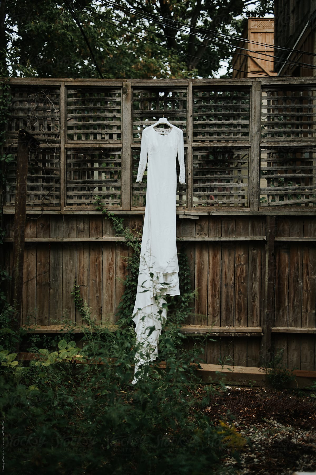 Classy minimalist wedding dress hanging on fence in overgrown ivy garden