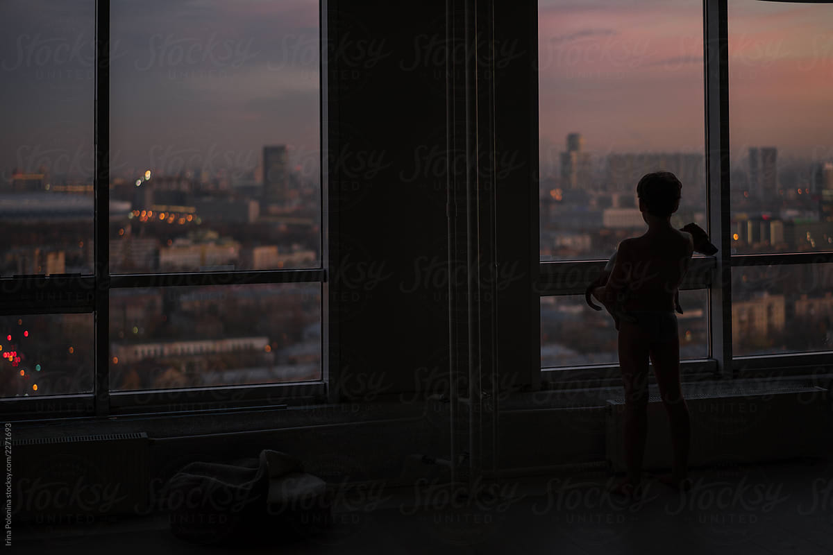 A boy with a dog in a room with a beautiful view from the window