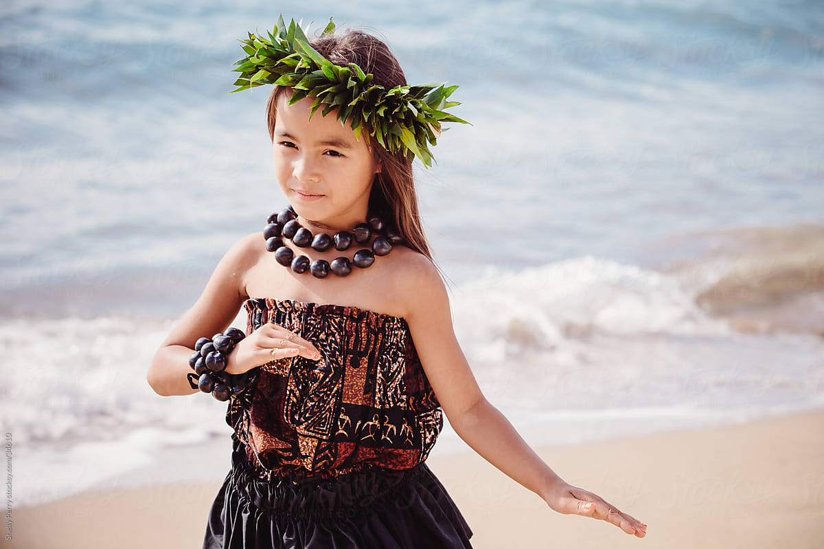 Young Girl Traditional Hawaiian Hula Dancer Performing on the Beach by Shel...