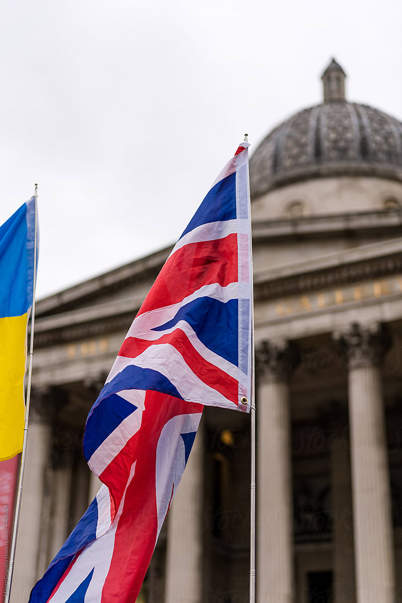 British and Ukraine flags in Trafalgar Square in London