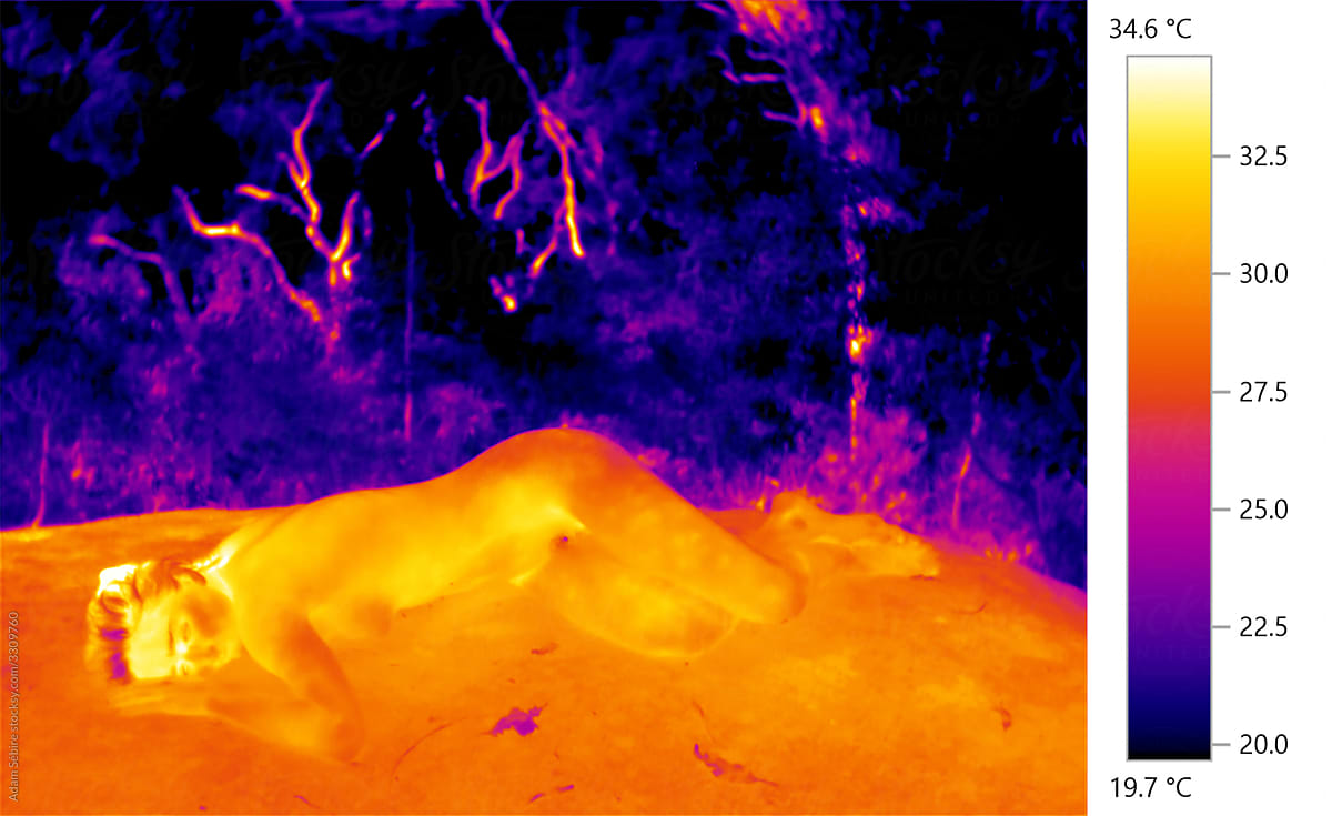 Thermographic thermal heat image of naked woman nude female human forms in nature