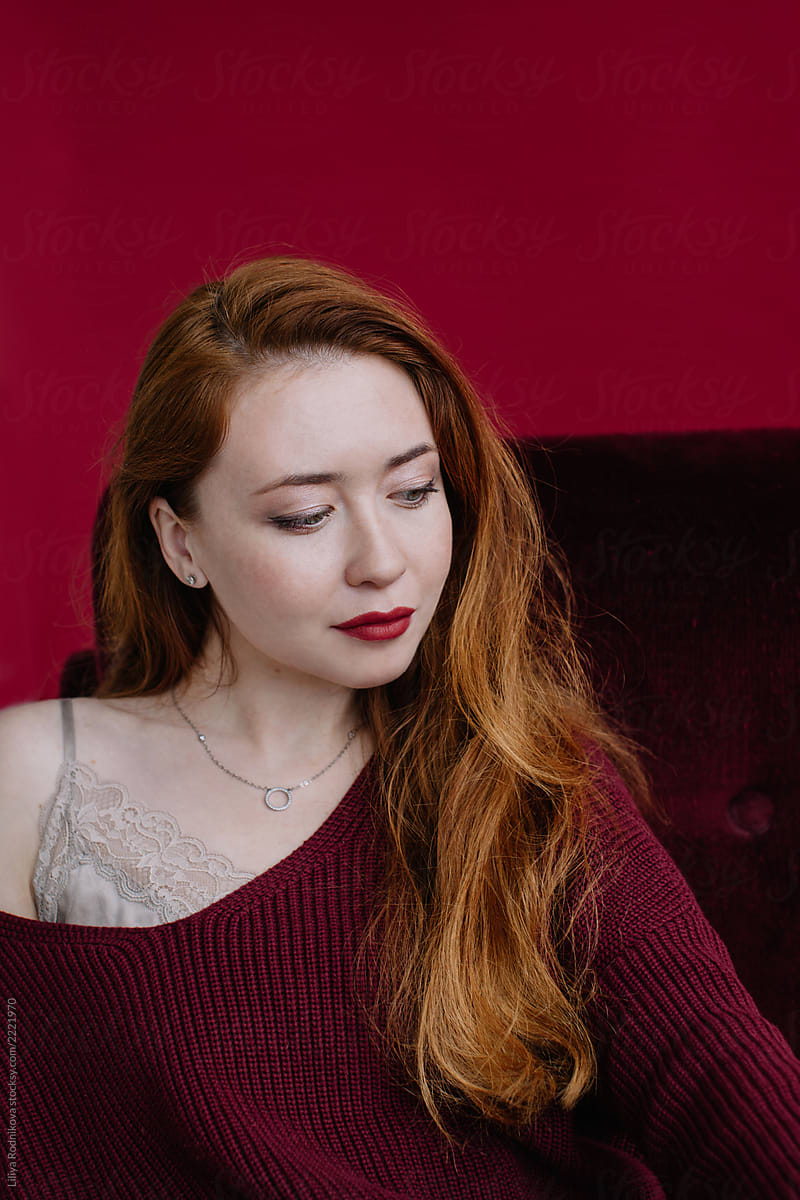 Sensual Redhead Woman With Red Lips By Liliya Rodnikova