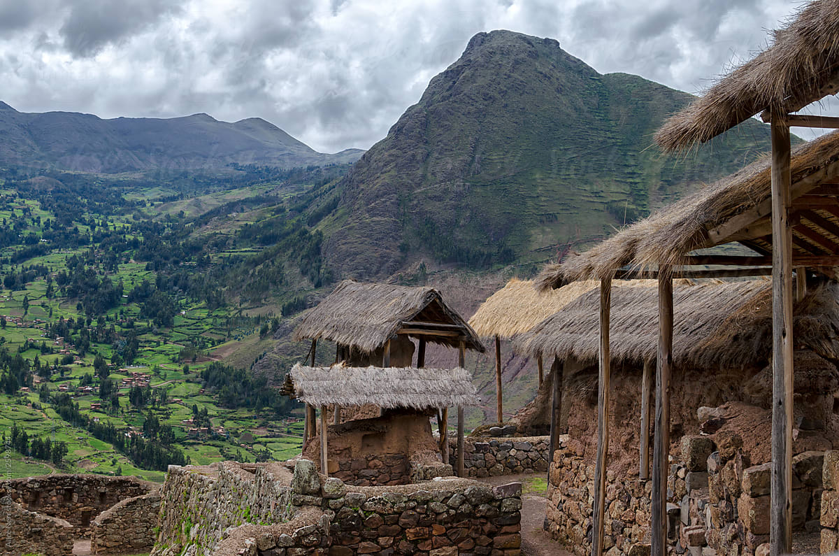 View to ancient Inca huts and mountains