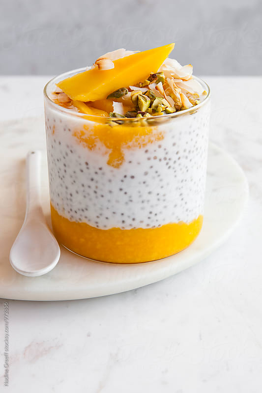 Mango, nut and coconut milk chai seed pudding