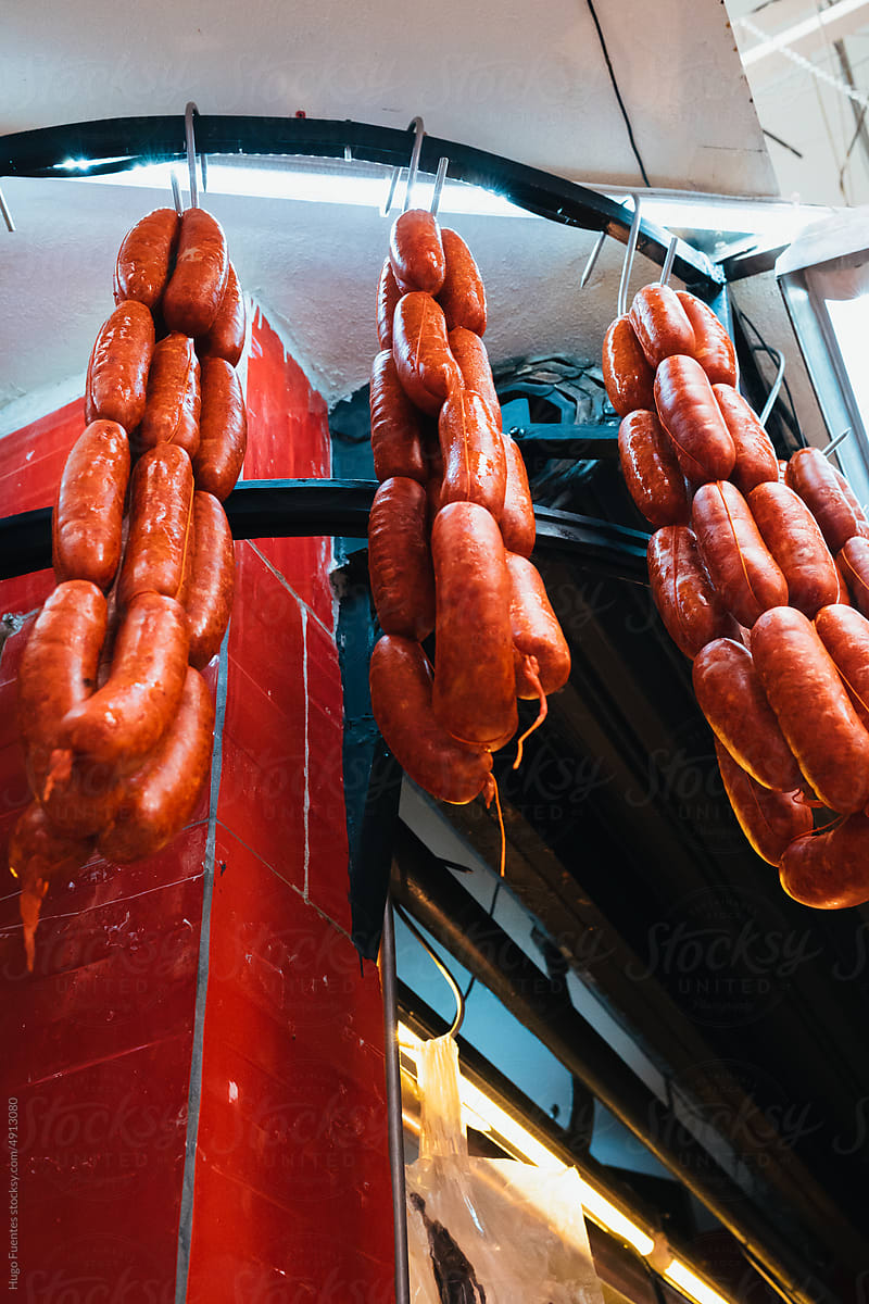 Sausage Meat Hanging In A Local Small Shop