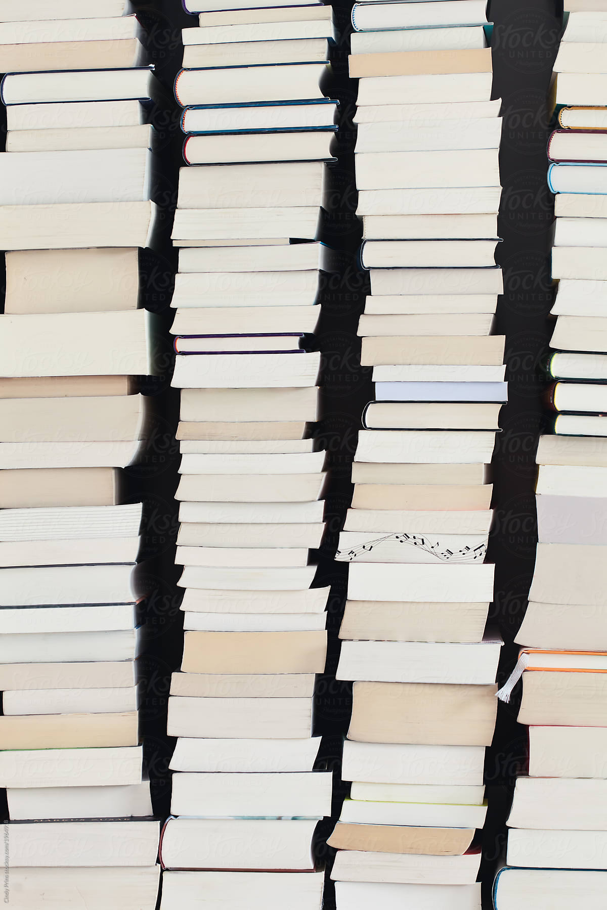 Closeup of piles of books