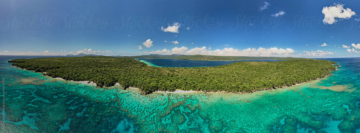 Moso, Vanuatu Pacific ocean coral atoll island reef, aerial panorama