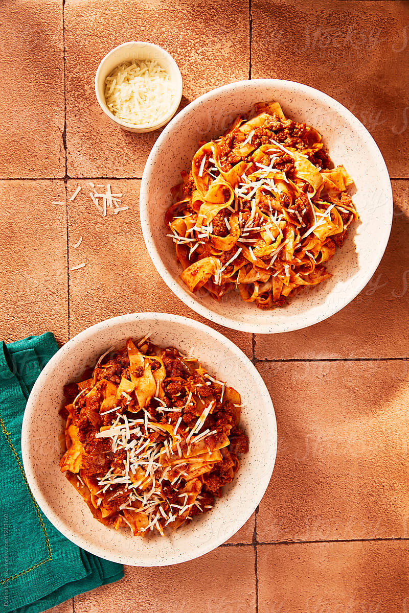 Two Bowls of Pappardelle Bolognese from Above