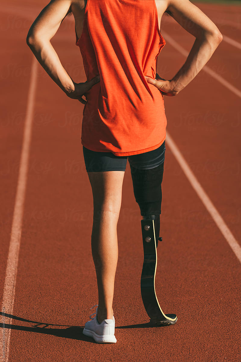 Close Up Disabled Man Athlete With Leg Prosthesis.