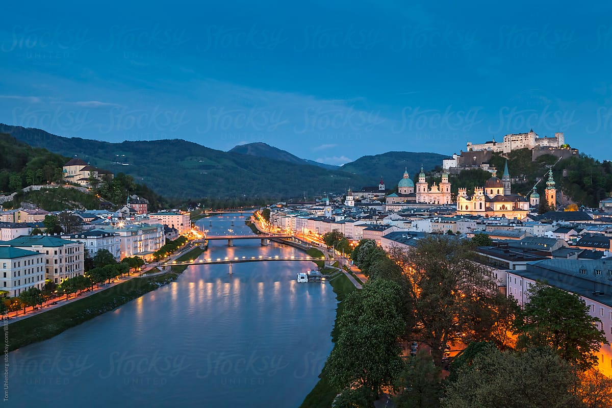 Salzburg, Austria - Evening Panorama of the City and the River Salzach