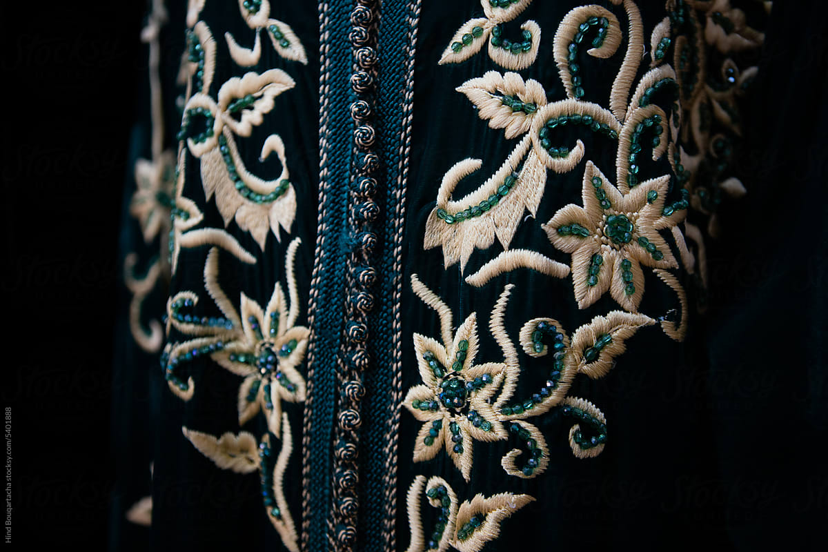 Close up to a detailed designs for a traditional moroccan caftan