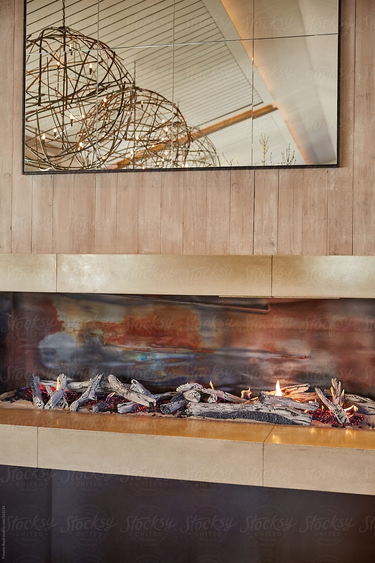 Interior of gas fireplace of luxury upscale restaurant